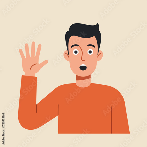 Modern Flat Illustration Man Waving Hand with Open Mouth Expression