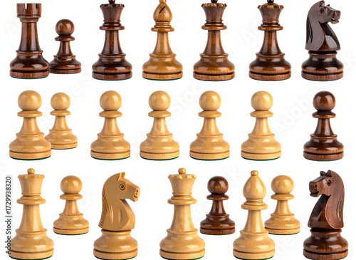 Firefly_Classic Wooden Chess Pieces Set Isolated on White Background PNG