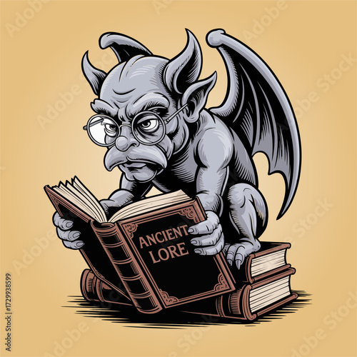 Wise gargoyle librarian, spectacles on nose, ancient lore books stack, gothic study emblem, fantasy education icon, vintage vector