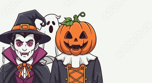 Spooky Halloween characters vampire, ghost, and pumpkin man dressed in costumes, perfect for holiday invitations and decorations