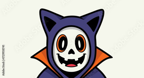 Cute cartoon skeleton wearing a hooded cat costume with orange trim, ideal for Halloween or spooky-themed designs