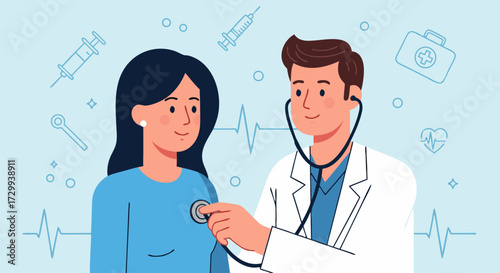 Doctor examining patient with stethoscope in a hospital, medical checkup illustration showing healthcare professional and woman receiving medical care