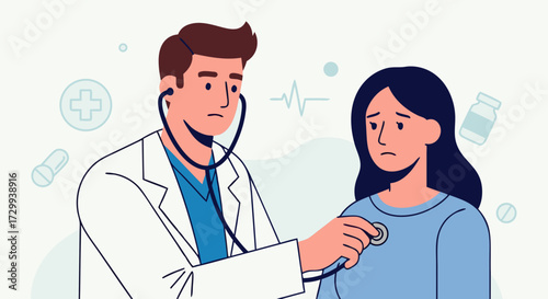 Doctor listening to a patient's heartbeat with a stethoscope, medical examination, healthcare concept illustration