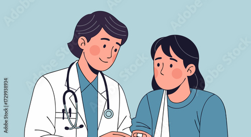 Doctor consulting patient with a broken arm, discussing recovery and treatment options in a supportive medical setting, highlighting healthcare expertise and patient care