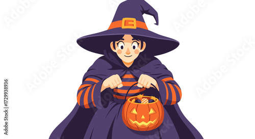 A spooky little witch in a purple robe with orange stripes holds a pumpkin trick-or-treat bucket, ready for Halloween fun and candy collecting