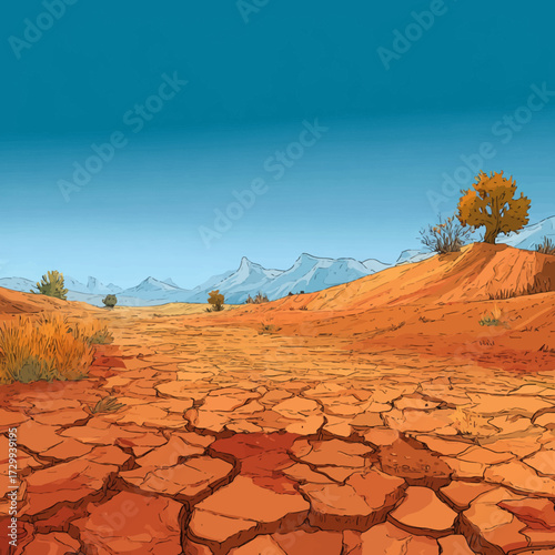view of a small garden that is dry with soil cracks showing erosion. No growing trees. No growing plants