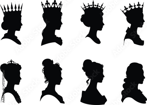 Female profile silhouette, royal woman vector, crown hairstyle icon, elegant headpiece illustration, cad drawing flat vector illustration, beauty clipart
