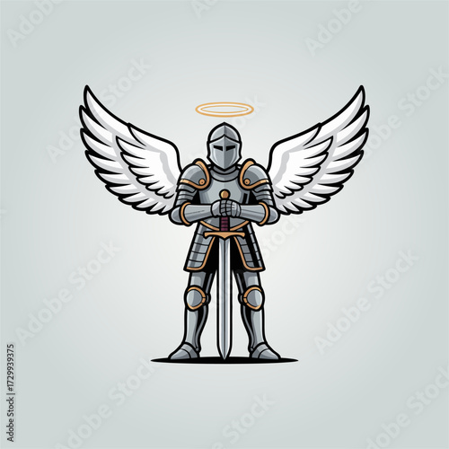 Winged paladin character, holy warrior with shining halo, armored guardian pose, spiritual fantasy design, noble protector emblem, vector