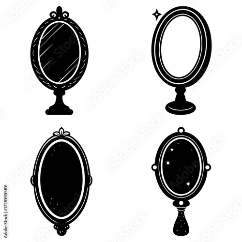 Illustration of four ornate mirrors with oval shapes and decorative frames in black and white style