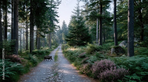 Wild Boar Crossing Forest Path in Sunny Woodland Clearing