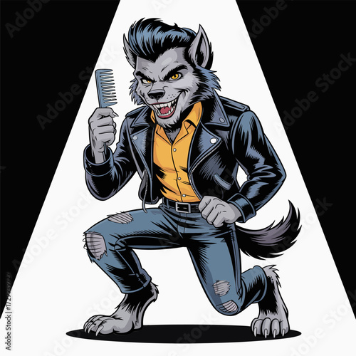 Rockabilly werewolf mascot, leather jacket and ripped jeans, comb in hand, retro monster character, rebellious halloween vector illustration