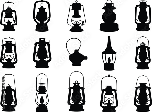 Lantern silhouette collection, vintage lamp icons, traditional lighting vector, historical lantern shapes, CAD drawing flat vector illustration, decorative design elements