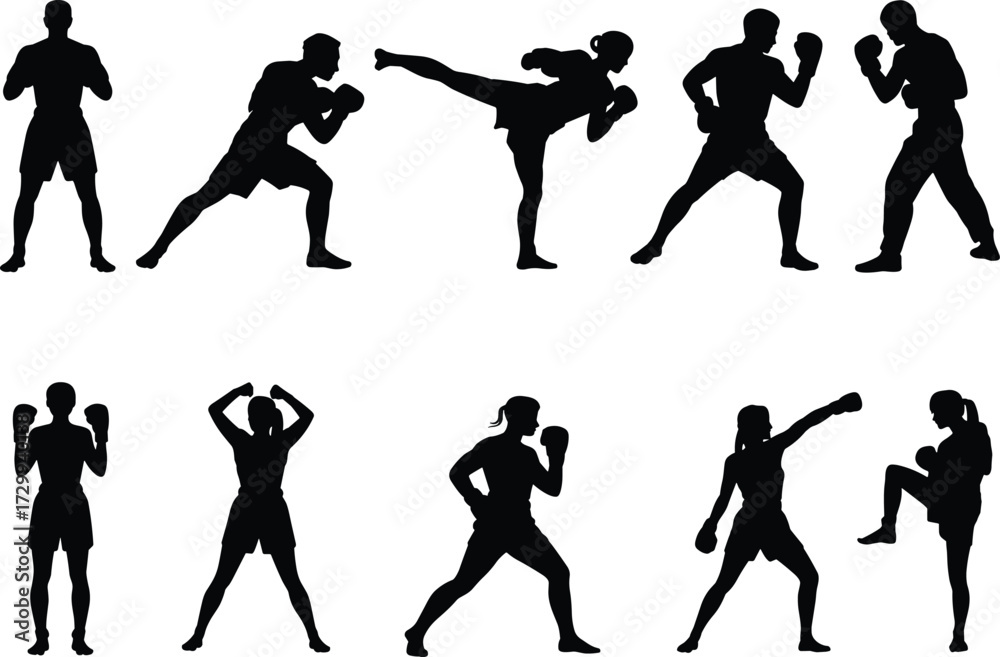 Fototapeta premium Martial arts silhouette, boxing pose vector, kickboxing icon set, combat stance illustration, cad drawing flat vector illustration, fighter clipart