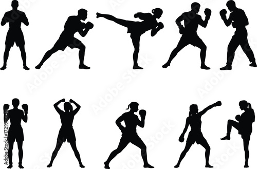 Martial arts silhouette, boxing pose vector, kickboxing icon set, combat stance illustration, cad drawing flat vector illustration, fighter clipart
