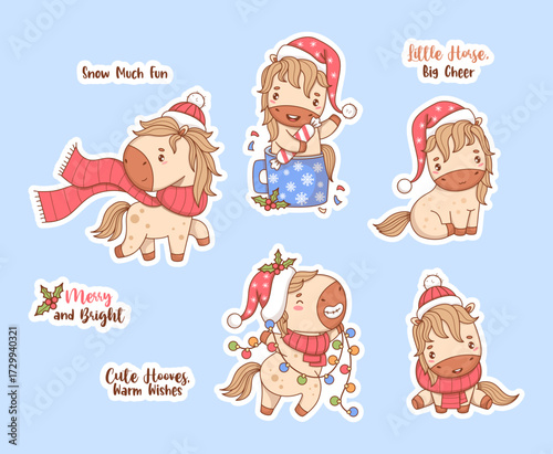 Cute Christmas winter Little Horse Stickers. Isolated Funny Vector New Year Animal in Santa Hat and Scarf, in Cup, with Holiday Garland and cool Slogans. Symbol 2026 year to Eastern calendar. Not AI