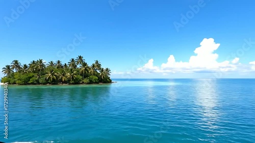 Captivating Ocean View from Boat Window, Small Island with Coconut Trees, Turquoise Water and Cloudy Sky, Tranquil Tropical Paradise Scenery