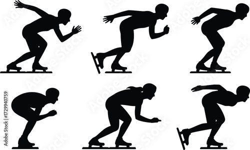 Speed skating silhouettes, athletic ice skaters, winter sport motion, racing poses, dynamic action vector, cad drawing flat vector illustration