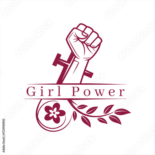 Feminist fist symbol with floral accents and the words girl power