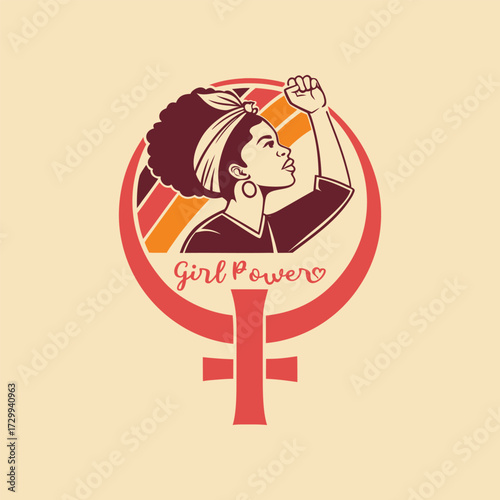 Strong black woman with fist raised symbolizing girl power and feminism