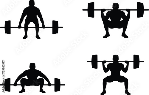 Weightlifting silhouette vector, barbell squat pose, fitness exercise icon, cad drawing flat vector illustration, gym workout, strength training art