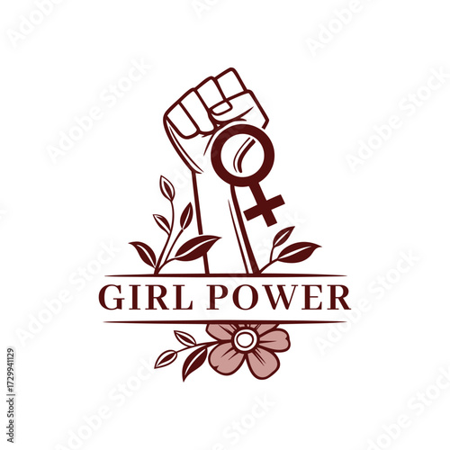 Feminist raised fist with venus symbol and floral elements celebrating girl power