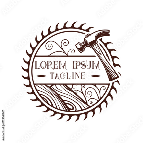 Rustic circular emblem featuring a hammer and wood grain with decorative flourishes
