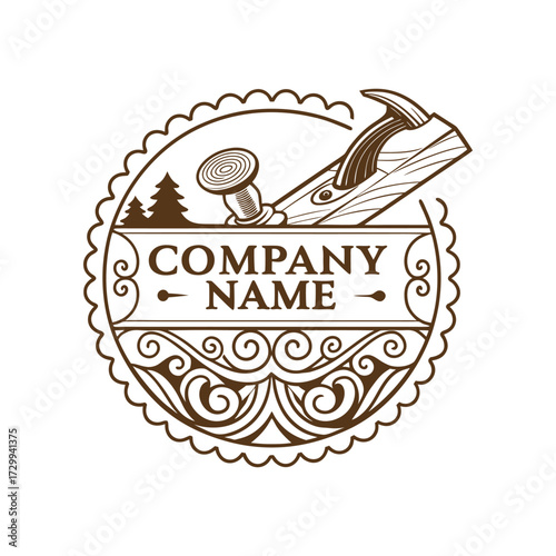 Rustic woodworking emblem featuring hand plane nails and company name placeholder