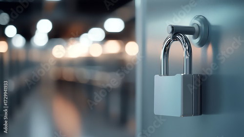 Secure Storage: Padlock securing access in a blurry background. Symbolizing privacy, security measures, data protection or restricted entry with a metal lock.