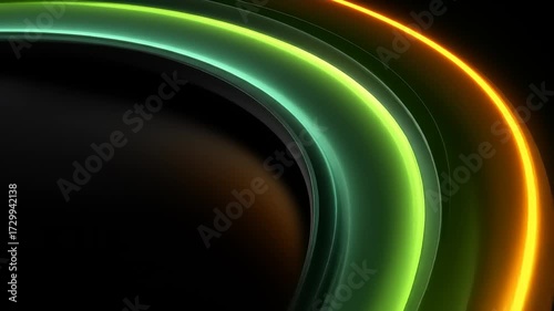 A vibrant design featuring concentric, glowing green and orange curves against a dark background.