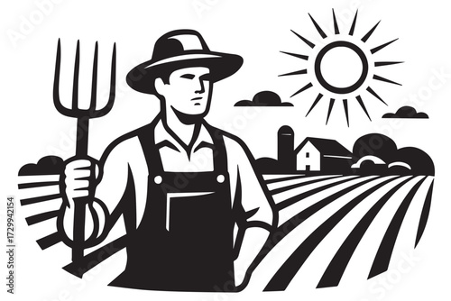 Black and White Vector Illustration of a Farmer in Field with Sun and FarmhouseBlack and White Vector Illustration of a Farmer in Field with Sun and Farmhouse