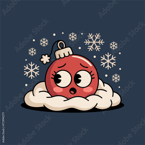 Sleeping snow doll character, winter hat and scarf, falling snowflakes background, adorable holiday mascot, cozy Christmas vector