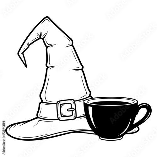 A witch's coffee break concept. A classic delicate witch hat with buckles next to a black mug of coffee or potion. Black and white vector illustration for Halloween or fantasy-themed projects.