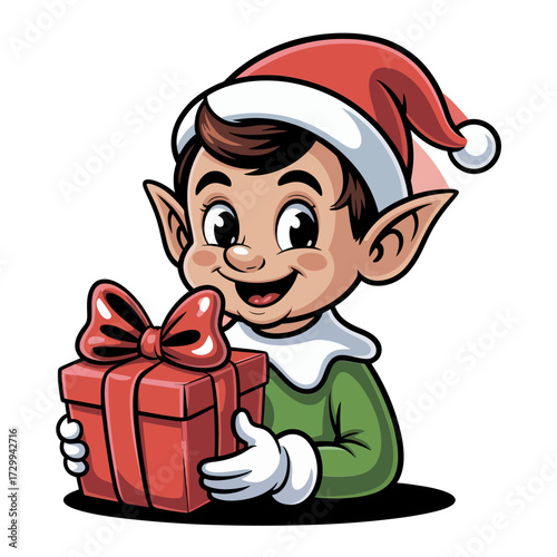 Smiling Christmas elf holding wrapped gift, cheerful helper portrait, clean white background, festive holiday sticker, vector graphic
