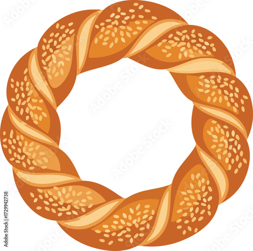 Traditional Turkish simit bread presented in a golden brown circular ring, coated with crunchy sesame seeds—perfect for bakery and breakfast themes