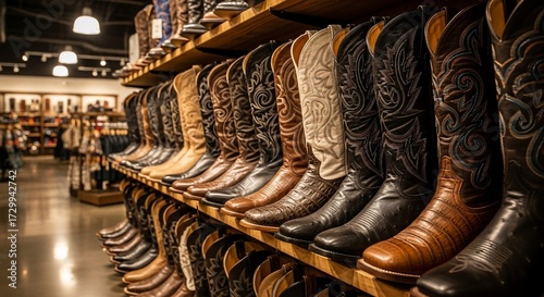 Rows of cowboy boots on a shelf in a store.
