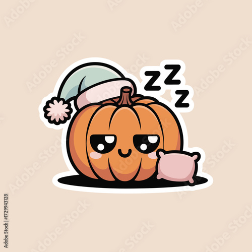Cute sleeping pumpkin character wearing a santa hat adorable autumn fall harvest season illustration illustration