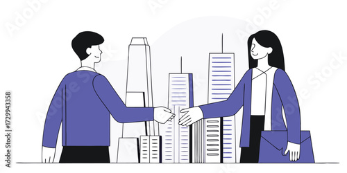 Business partnership handshake with city background, clean flat business illustration