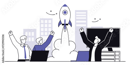 Startup launch rocket with business team, creative vector business illustration