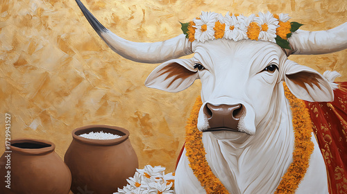 Sacred bovine portrait: adorned with flowers, serene expression, and cultural significance. Religious festival themes.