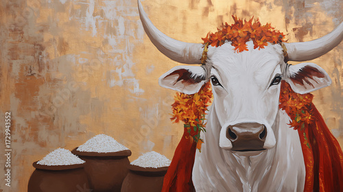 Painting of a white cow adorned with flowers, standing near pots filled with grains. The golden background adds a touch of royalty. Rich cultural symbolism.