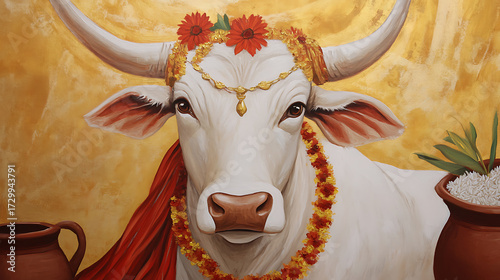Decorated white cow with floral garlands and headpiece, set against a golden background, creating a rich and traditional cultural image.