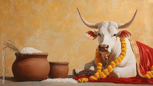 A serene depiction of a white cow, adorned with a garland and draped in red cloth, beside pots of rice, symbolizing prosperity and respect.