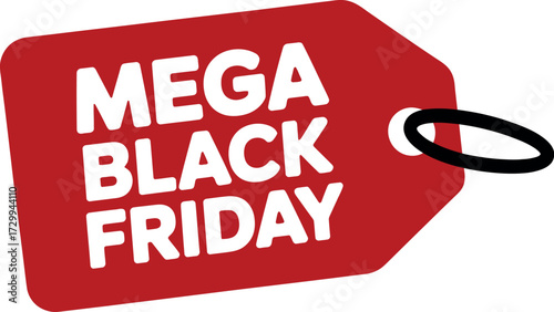 A red tag with mega black friday text and a black ring on white background