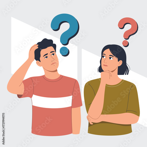 Two puzzled people scratching heads under question marks contemplating difficult decisions and seeking answers illustration