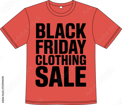 Red t shirt with black friday clothing sale text in bold black font