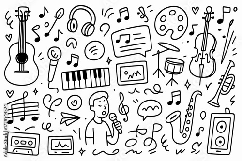 hand-drawn doodle vector set, black outline only, fun and sketchy doodle style, Theme Music doodles