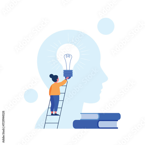 Person climbing ladder into head silhouette to ignite lightbulb idea inspiring creativity and innovation with books representing knowledge illustration
