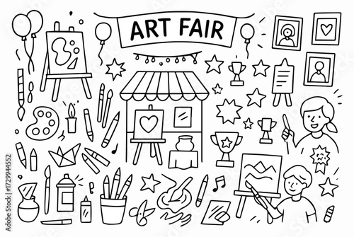 Hand-drawn Doodle Style Vector Set of Art Fair Elements, Black Outline Sketch Illustrations, Ideal for Both Digital and Print Use

