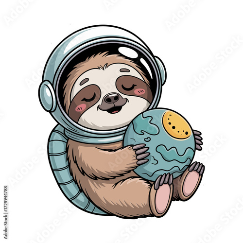 cute sloth space explorer, holding small planet earth, white background, friendly astronaut mascot, dreamy cosmic vibe, vector illustration