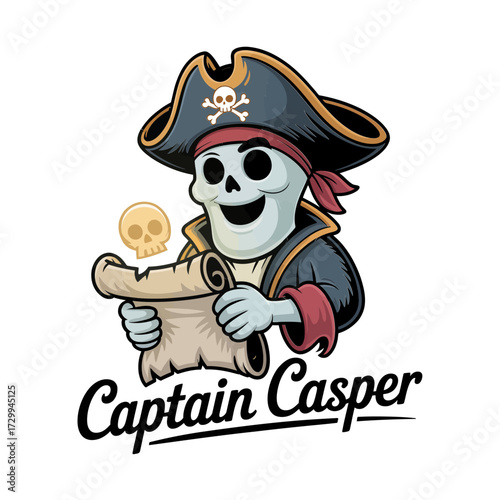 pirate skeleton mascot, captain hat and coat, rolled map scroll, sea adventure theme, spooky nautical character, vector illustration